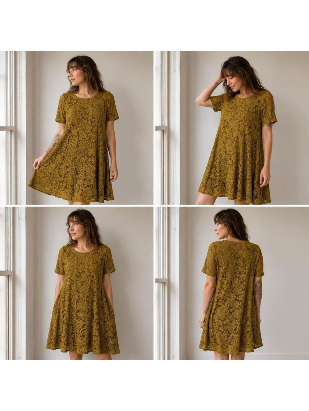 90s Olive Yellow Floral Lace Shift Dress Size 10